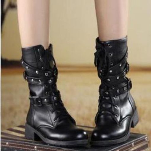 main image4New Female Black Large Size Boots Retro Fashion Wild Shorts Belt Buckle Motorcycle Couple Military Boots