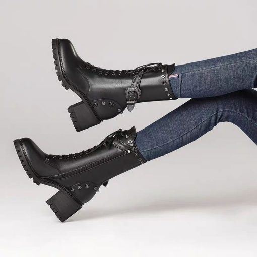 main image4Punk Rivet Studded Leather Shoes Women s High Boots 2022 Winter Heeled Shoes Ladies Belted Riding
