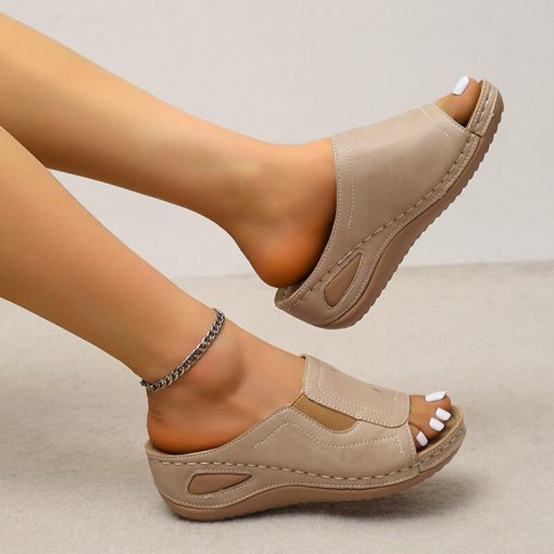 main image4Rimocy Outdoor Casual Wedges Sandals Women 2022 Summer Open Toe Non slip Beach Slippers Woman Pu