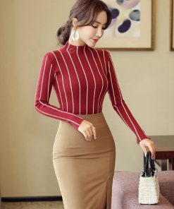 main image4SEXMKL Striped Turtleneck Pullover Women 2022 Winter Thick Sweater Red Korean Ladies Office Knitted Sweater Black