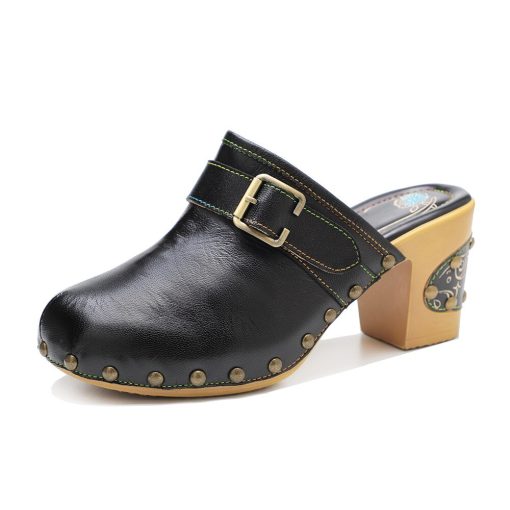 main image4Shoes For Women Sandals 2022 Fashion Basic Ethnic Retro Genuine Leather Square heel 7 5CM Round