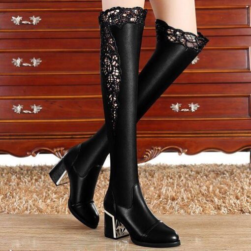 main image4Women Embroidered Lace Knee Bare Boots Square High Heel Casual Long Tube Booties Lady Sexy Over