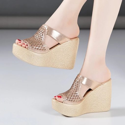 main image4YAERNI High Heel Sandals For Women Summer Peep Toe Lace Mesh Wedge Heels Sandal Women Shoes