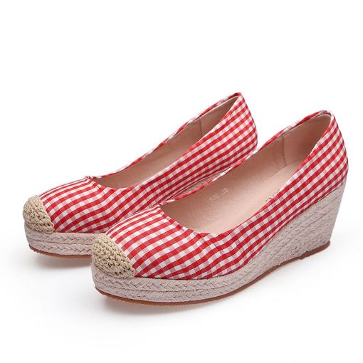 main image52022 Fashion Wedges Heels Shoes Women Canvas Footwear Spring Summer Casual Women Shoes Plaid Ladies Wedge