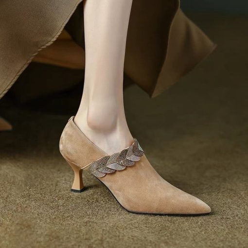 main image52022 Women s Mid Heel Shoes Fashion Rhinestone Decorative Suede Side Zipper Pumps Autumn Pointed Toe