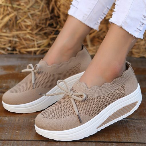 main image52023 New Thick Sole Sneakers Fashion White Breathable Lace Up Printed Mesh Shoes Casual Wedge High