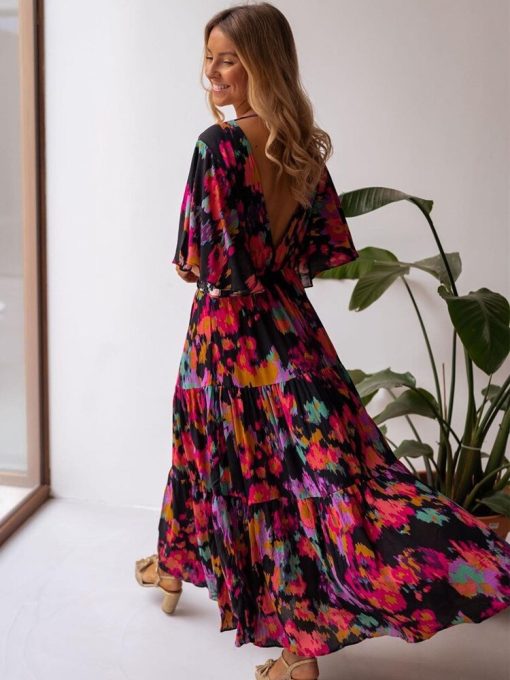 main image5Bohemia Print Butterfly Sleeve Vintage Maxi Dress For Women Casual V neck Backless Summer Dress Female