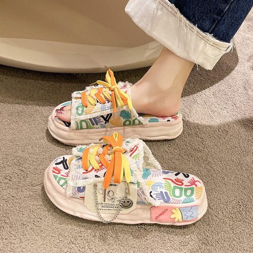 main image5Fashion Design Summer Women Graffiti Slippers Platform Shoes Mules Flip Flops Street Sandals Clogs Flat Casual
