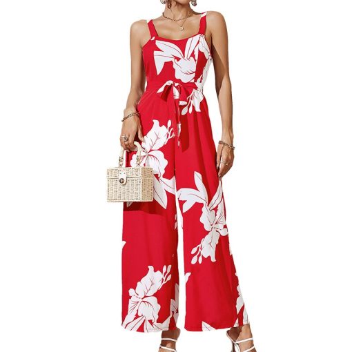 main image5Fashion Summer Women One Piece Jumpsuits Wholesale Sleeveless Backless Red Vacation Beach Style Casual Floral Print