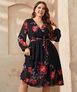 main image5KEBY ZJ Plus Size Floral Print V Neck Midi Belted Dress Women Casual Spring Fall Long