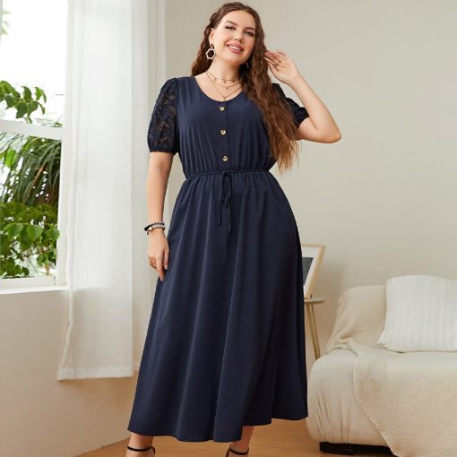 main image5KEBY ZJ Plus Size Solid Button Front Lace Puff Sleeve Dress Women Elegant Knot High Waist