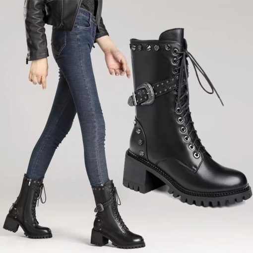 main image5Punk Rivet Studded Leather Shoes Women s High Boots 2022 Winter Heeled Shoes Ladies Belted Riding