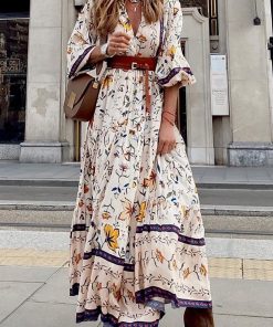 main image5Women Bohemian Print V Neck Streetwear Dress Casual Summer Loose Long Sleeve Dress Vintage Female Slim