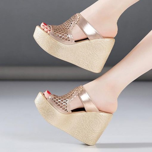 main image5YAERNI High Heel Sandals For Women Summer Peep Toe Lace Mesh Wedge Heels Sandal Women Shoes