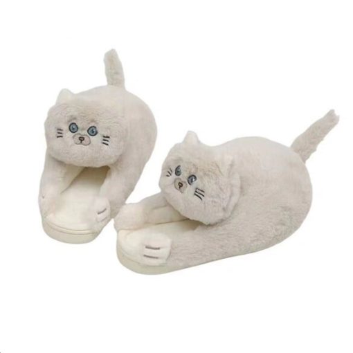 variant image0Cuddly Hug Cat Slippers Women Men Winter Home Slides Kawaii Floor Shoes Furry Slippers Girl White