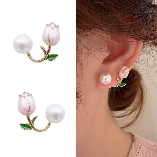 variant image0French Light Luxury Pink Tulip Flower Pearl Stud Earrings For Women Korean Zircon Exquisite Earring Party