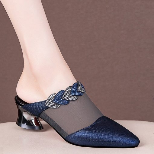 variant image0Genuine Leather Mesh Closed Toe Slippers Women 2022 New Summer Hollowed Women Shoes Rhinestone Heel Mid