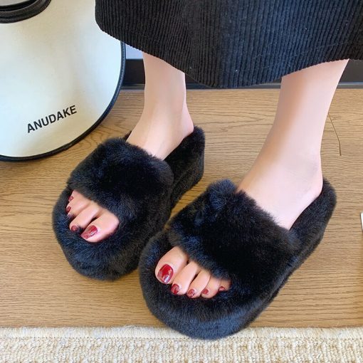 variant image0Slippers Women Winter Fur Platform Shoes 2022 New High Heels Slides Causal Shoes Mules Warm Home