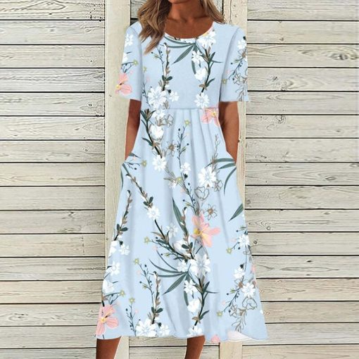 variant image0Summer Dress Women O Neck Pocket Casual Print Mini Dresses For Women Short Sleeve Loose Beach