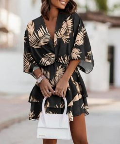 variant image0Summer Floral Print Mini Dress Women 2022 Fashion Beach Half Sleeve Loose V Neck Ruffles Black