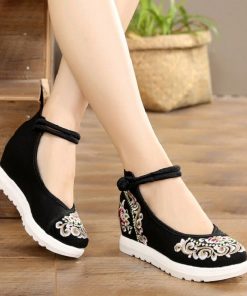 variant image1Comemore Women Red Summer Ankle Strap Spring Autumn Pumps China Embroiders Wedges Low Heels 2022 Cloth