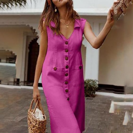 variant image1Fashion Summer Dress Women Boho Style V Neck Waist Plus Size Casual Vestidos Solid Color Sleeveless