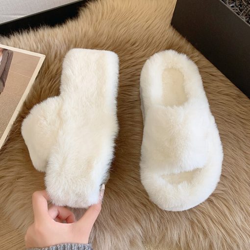 variant image1Slippers Women Winter Fur Platform Shoes 2022 New High Heels Slides Causal Shoes Mules Warm Home