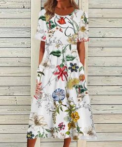 variant image1Summer Dress Women O Neck Pocket Casual Print Mini Dresses For Women Short Sleeve Loose Beach