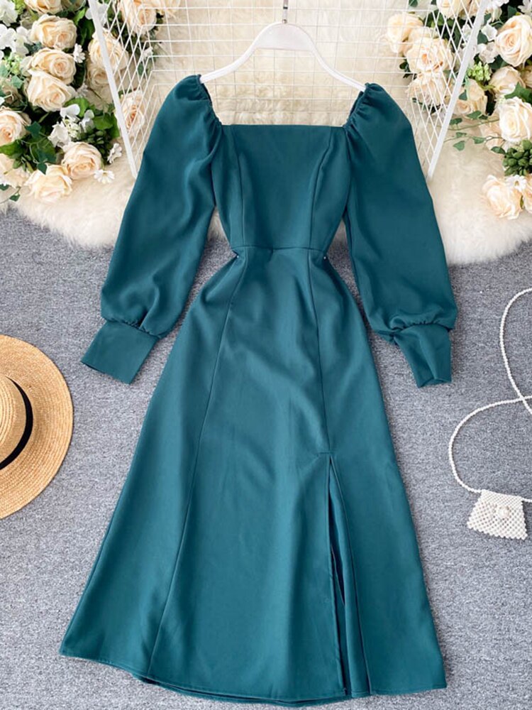 Women’s New Split Dress French Retro Square Collar Dress – Miggon