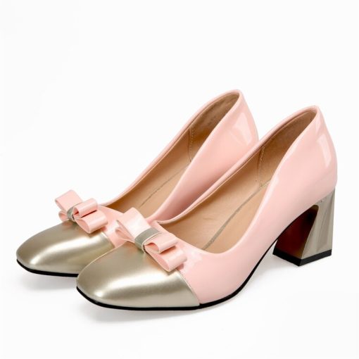 variant image2Elegant Bowknot Woman Pumps High Chunky Heel Square Toe Red Black Pink Patent Leather Casual Office
