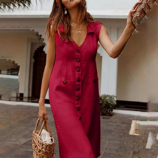 variant image2Fashion Summer Dress Women Boho Style V Neck Waist Plus Size Casual Vestidos Solid Color Sleeveless