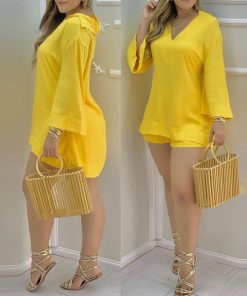 variant image2Women Two Piec Set Solid Plain Bell Sleeve V neck Top Shorts Set Outfit Summer Suit