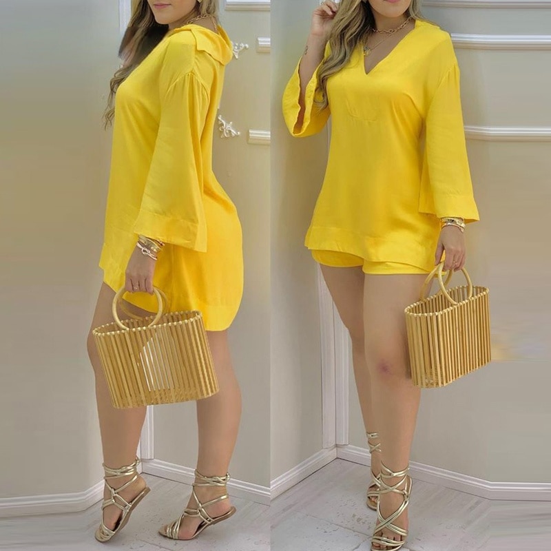 variant image2Women Two Piec Set Solid Plain Bell Sleeve V neck Top Shorts Set Outfit Summer Suit