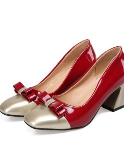 variant image3Elegant Bowknot Woman Pumps High Chunky Heel Square Toe Red Black Pink Patent Leather Casual Office