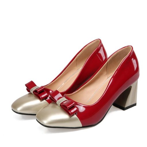 variant image3Elegant Bowknot Woman Pumps High Chunky Heel Square Toe Red Black Pink Patent Leather Casual Office