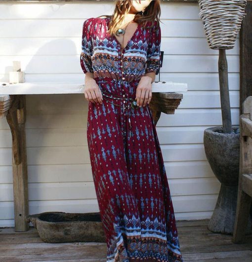 variant image3NEDEINS 2020 Summer Boho Beach Dress Fashion Floral Print Ethnic Long Maxi Dress Woman Party Night