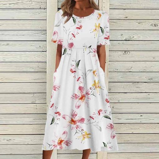 variant image3Summer Dress Women O Neck Pocket Casual Print Mini Dresses For Women Short Sleeve Loose Beach