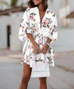 variant image3Summer Floral Print Mini Dress Women 2022 Fashion Beach Half Sleeve Loose V Neck Ruffles Black