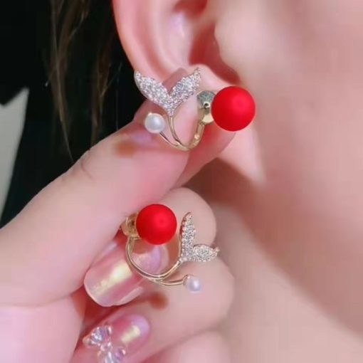 variant image4French Light Luxury Pink Tulip Flower Pearl Stud Earrings For Women Korean Zircon Exquisite Earring Party