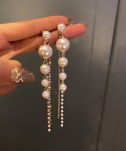 variant image52022 New Classic Elegant Imitation Pearl Dangle Earrings For Women Crystal Long Tassel Exquisite Drop Earring