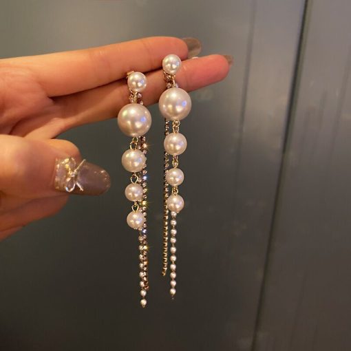 variant image52022 New Classic Elegant Imitation Pearl Dangle Earrings For Women Crystal Long Tassel Exquisite Drop Earring