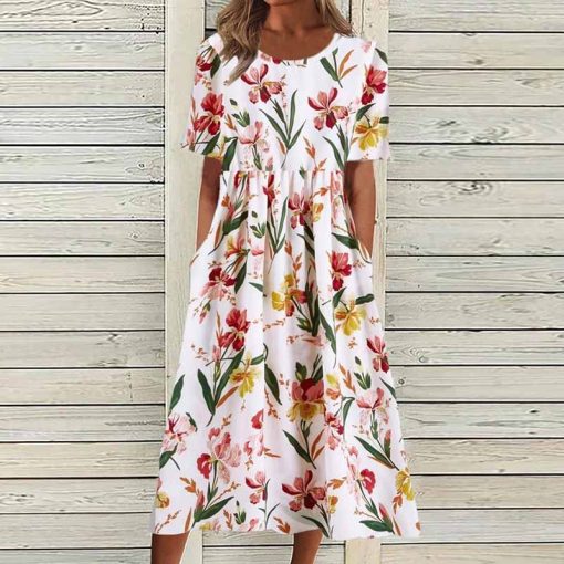 variant image5Summer Dress Women O Neck Pocket Casual Print Mini Dresses For Women Short Sleeve Loose Beach
