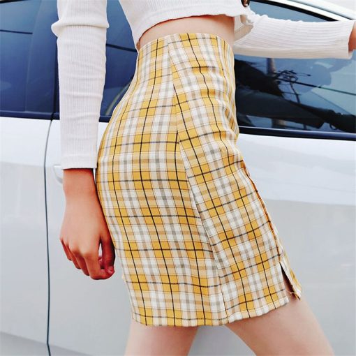 variant image6Vintage Plaid Side Split Bodycon Mini Skirt Women Bottoms Streetwear Casual A Line Basic Ladies Sheath