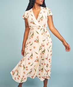 0P0ZFloral Print Chiffon Summer Dress 2021 Beach Vacation Elegant Midi Dress Women V Neck Short Sleeve