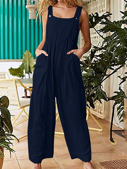 11R2EaseHut Women Jumpsuit with Pockets Solid Sleeveless Wide Legs Plus Size Overalls Casual Rompers Women Playsuits