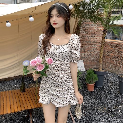 2vzDWomen Dress Vintage Summer 2022 Print Flower Evening Y2k High Waist Party Elegant Korean Fashion Aesthetic