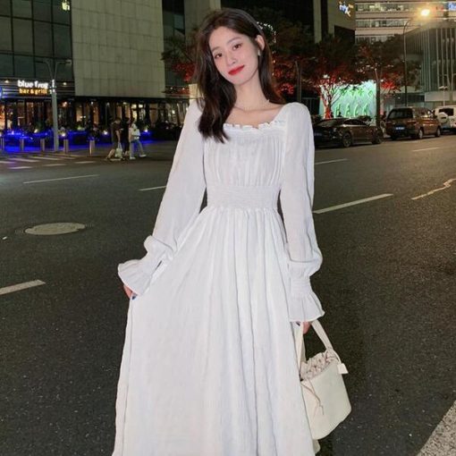 39iYHOUZHOU White Elegant Dress Women Square Collar Long Sleeve Dresses Vintage Autumn 2021 Fairy Robe Korean