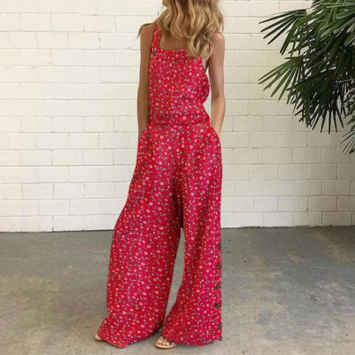 3WfzSummer Ladies Solid Color Casual Romper Floral Print Sling Backless Loose Jumpsuit Playsuit Long Pants High