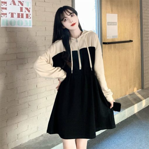 4IOfHOUZHOU Black Patchwork Long Sleeve Dress Women Autumn Winter Hooded Mini Dresses Preppy Style Streetwear Zippers