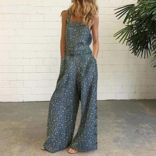 5Y2ISummer Ladies Solid Color Casual Romper Floral Print Sling Backless Loose Jumpsuit Playsuit Long Pants High